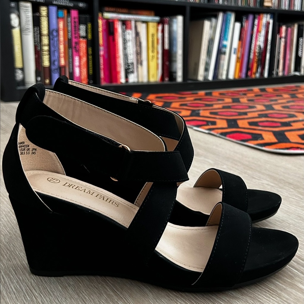 Dream Pairs Black Strappy Elastic Ankle Strap Wedge Sandals